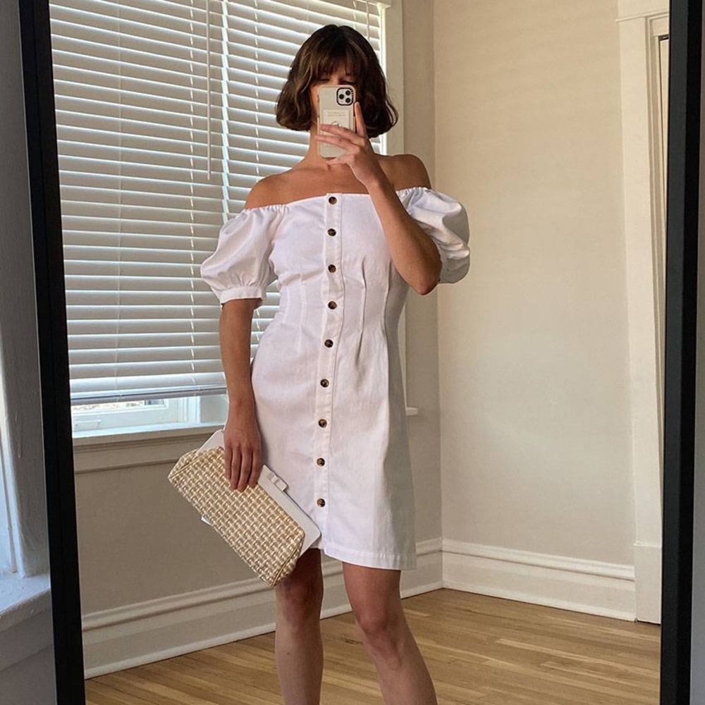 Who What Wear Puff Sleeve White Denim Dress